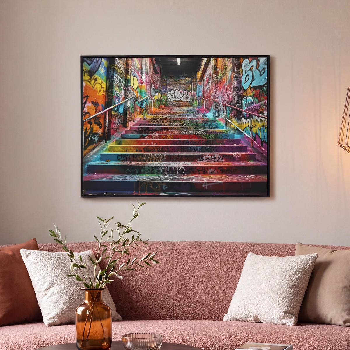 LEINWAND Bilder mit Rahmen - Treppe - Graffiti - Farben - Kunst - 80x60 - Multicolor, Textil (80/60cm) - MuchoWow