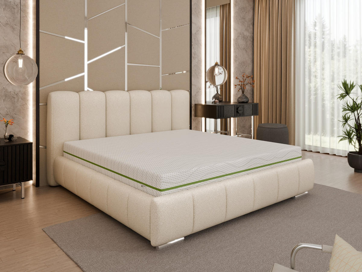 POLSTERBETT ZAIRA 180 x 200 cm mit Bettkasten und Lattenrost, 7-Zonen-Taschenfederkernmatratze CIRA (24 cm) – Beige - Beige, Holz (180/206cm) - Panda Möbel