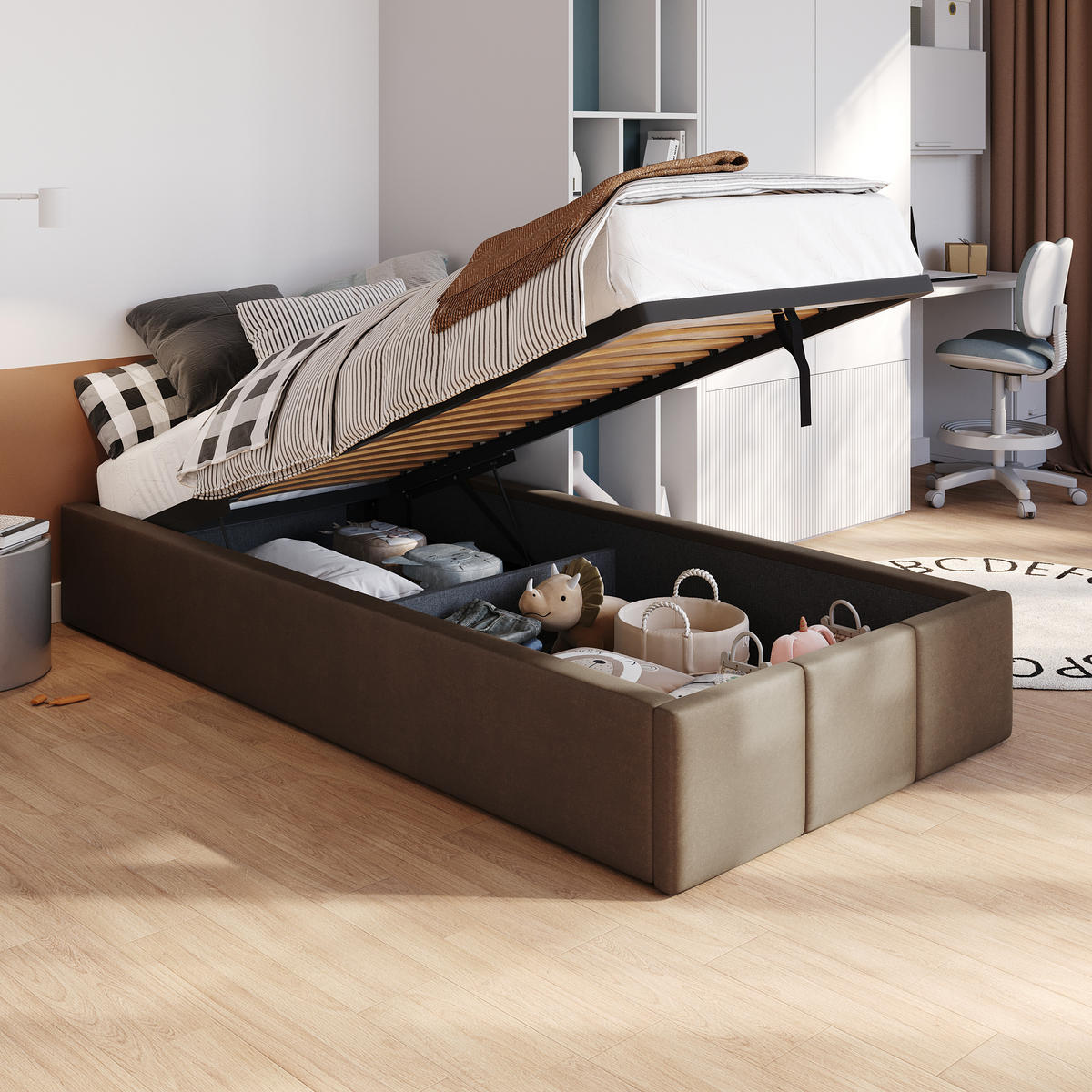 POLSTERBETT für Schlafzimmer Bett mit Stauraum Braun 90x200cm - Braun, Holzwerkstoff/Textil (90/200cm) - Muralo