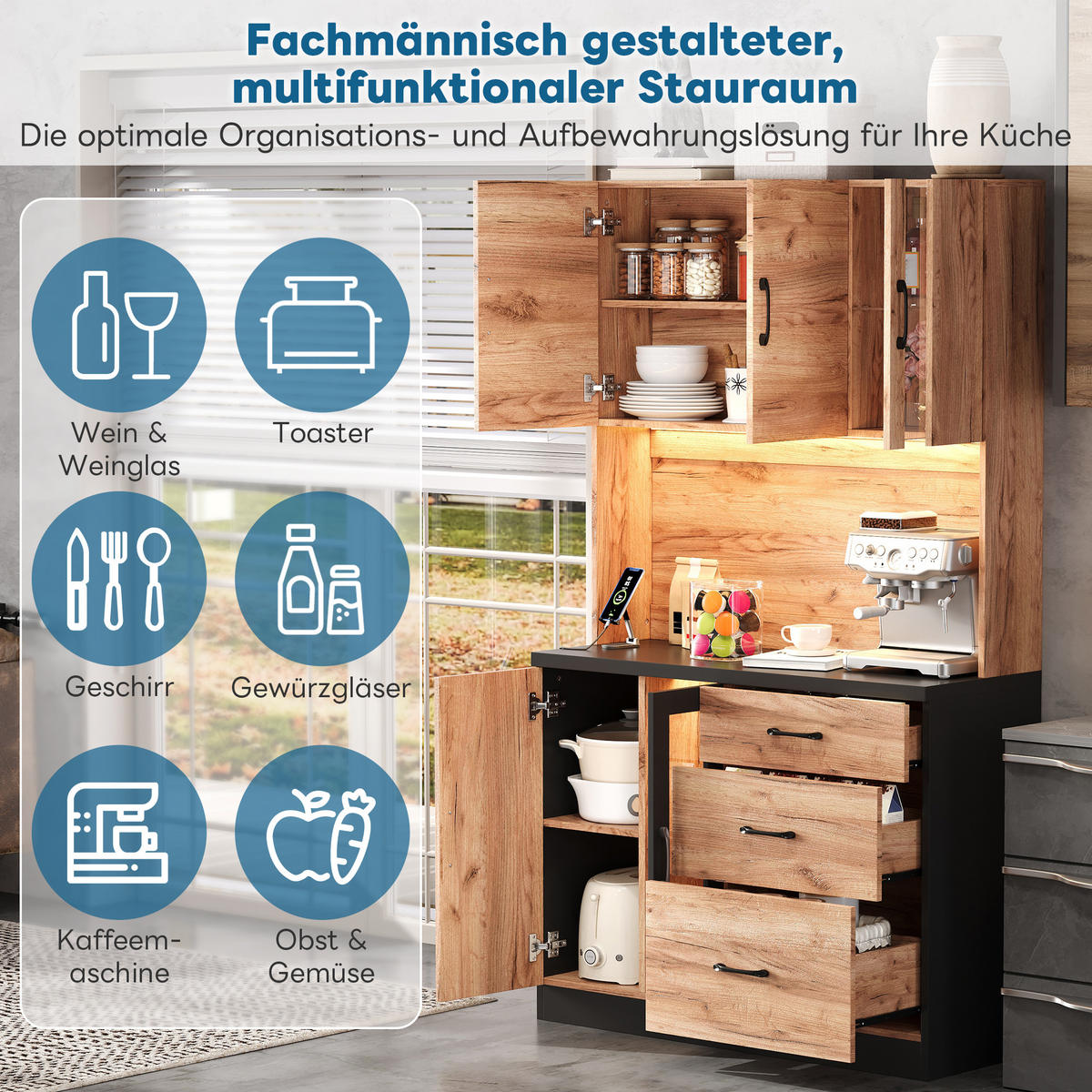 BUFFET 105/40/180 cm Neutral mit LED-Beleuchtung, verstellbaren Einlegeböden und Steckdose im Euro-Stil - Naturfarben, Holz (105/180/40cm) - Oxeza