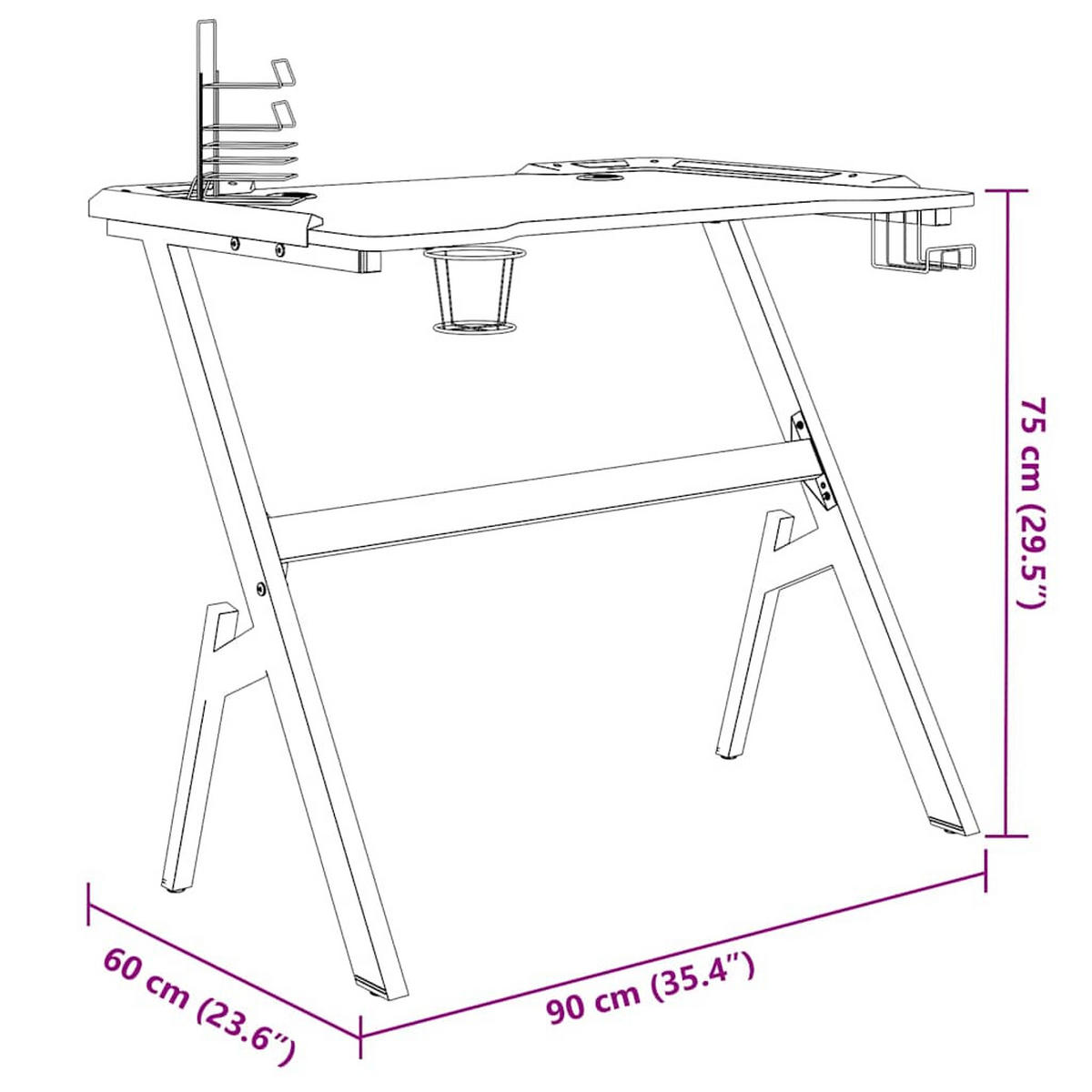 GAMINGTISCH mit Led, Y-Gestell 90/60/75 cm aus Holzwerkstoff, Eisen Schwarz - Schwarz, Holz (60/90/75cm) - vidaXL