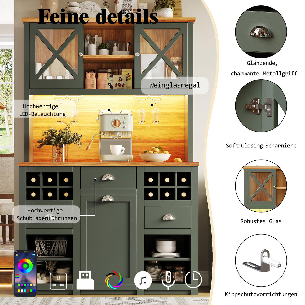 KUCHYŇSKÁ SKŘÍŇKA antická zelená a vzhled dřeva s LED, USB portem a regálem na víno - lesní zelená, kompozitní dřevo (120/188/45cm) - Urban Meuble