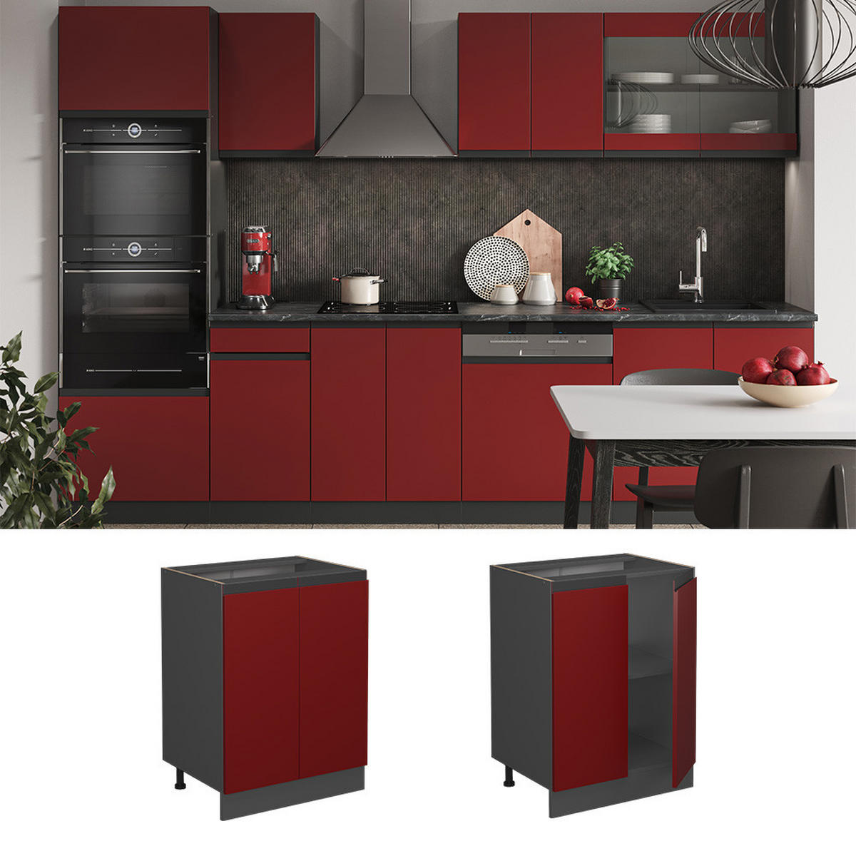 KÜCHENUNTERSCHRANK R-Line Rot 60 cm, AP Eiche - Anthrazit/Rot, Holzwerkstoff (60/81.6/60cm) - Vicco