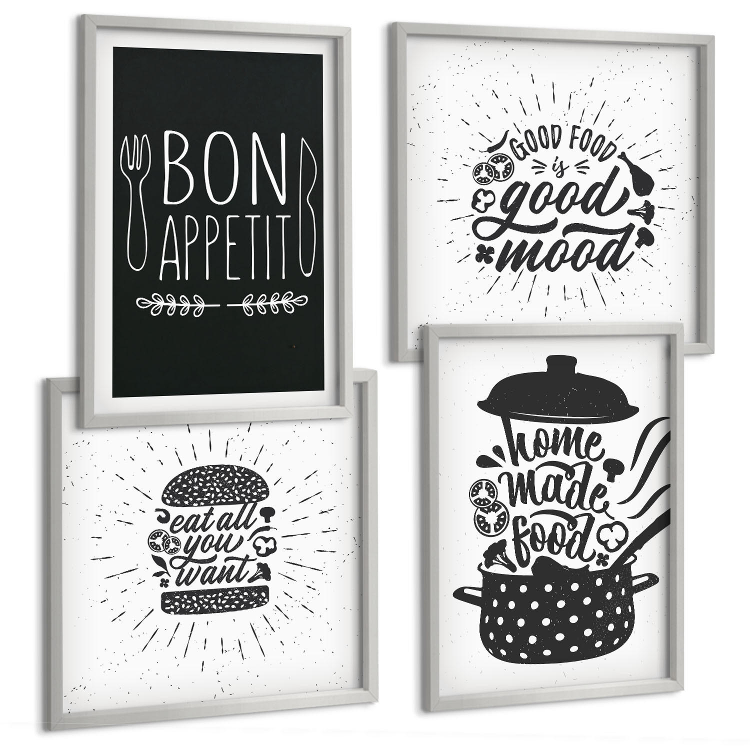 BILDER SET 4er Set - 50x50 cm & 40x60 cm Silberner Rahmen - Grafiken, Lebensmittel, kulinarische Slogans - Silberfarben, Kunststoff (50/50cm) - TULUP