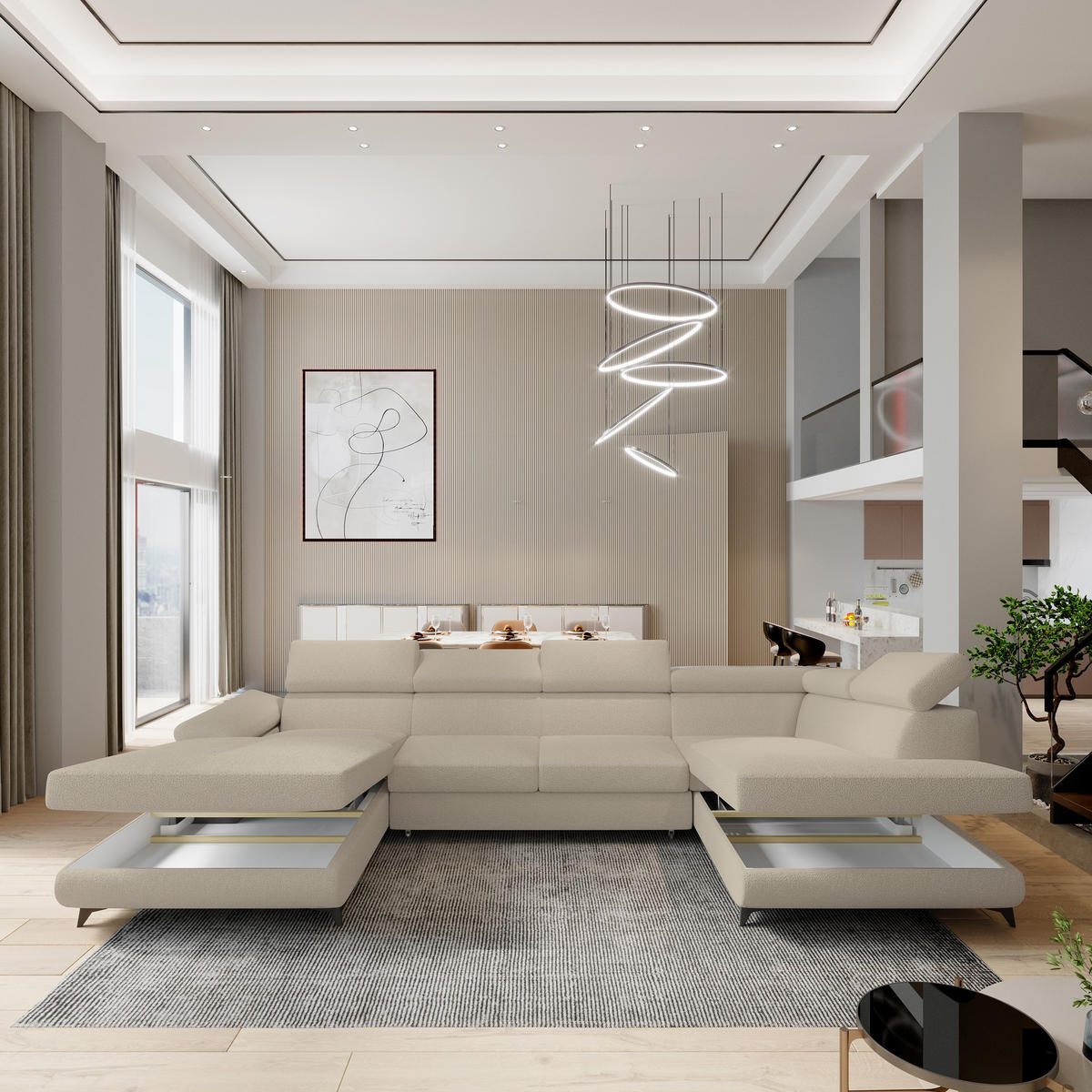 WOHNLANDSCHAFT RUBANO R-S Beige Boucle-Stoff mit Schlaffunktion - Beige, Holz (339/89/190cm) - MASSENO