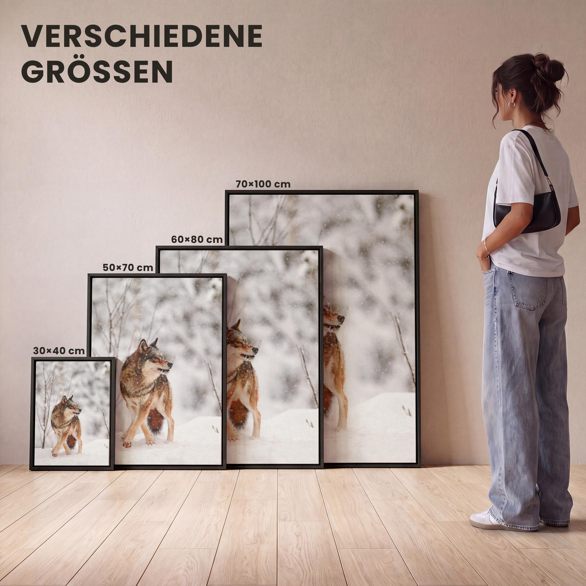 LEINWAND Bilder mit Rahmen - Wolf - Winter - Schnee - Natur - Tiere - 70x100 - Haselnussfarben, Textil (70/100cm) - MuchoWow