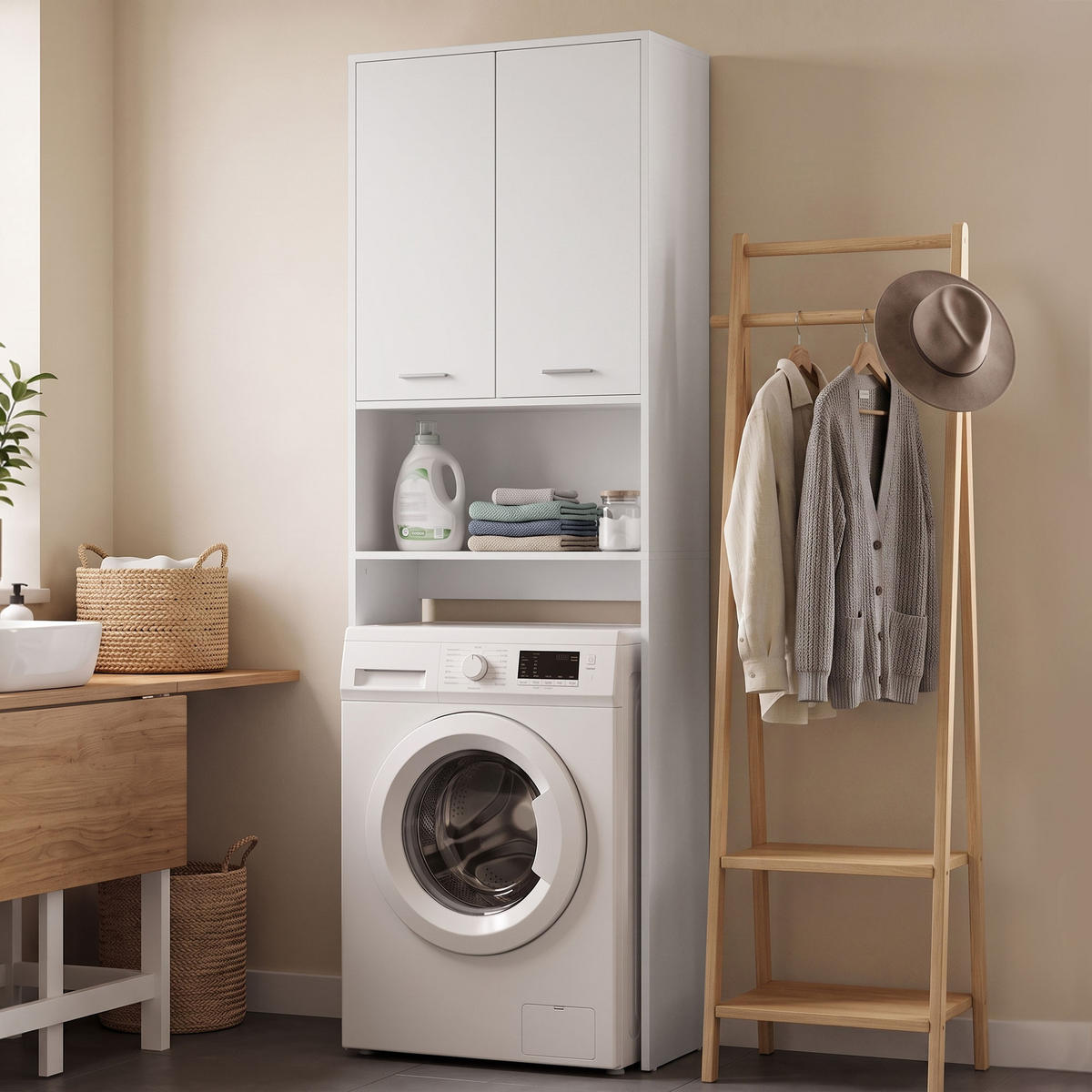 SKÅP för tvättmaskin, spånskiva, vit - Vit/Silverfärgad, Träbaserade material/Plast (24/191/66cm) - HOMCOM