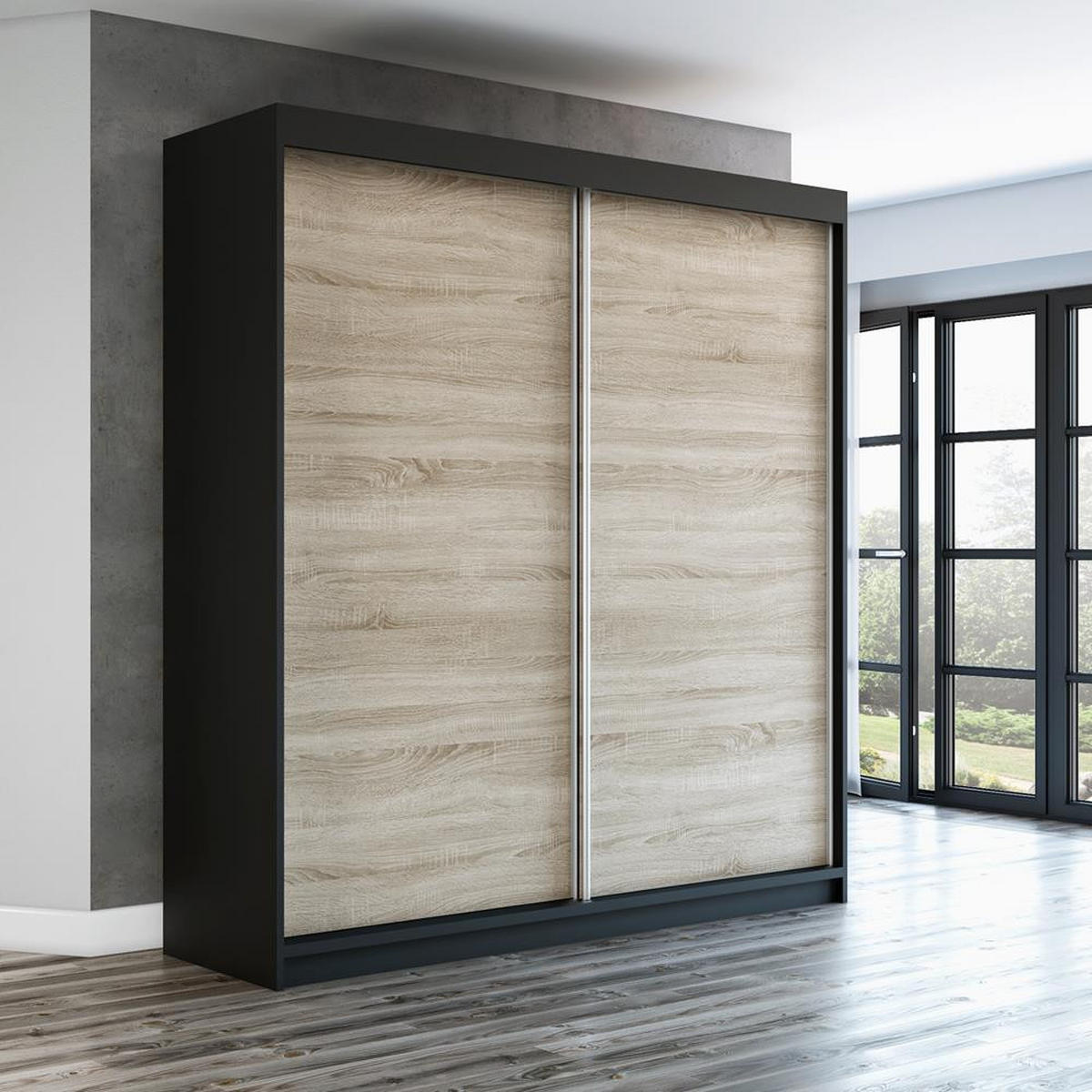 SCHWEBETÜRENSCHRANK 180 CM PAX Farbe: Schwarz / sonoma / sonoma - Schwarz/Braun, Holzwerkstoff (180/215/59.5cm) - A&J MöbelLand