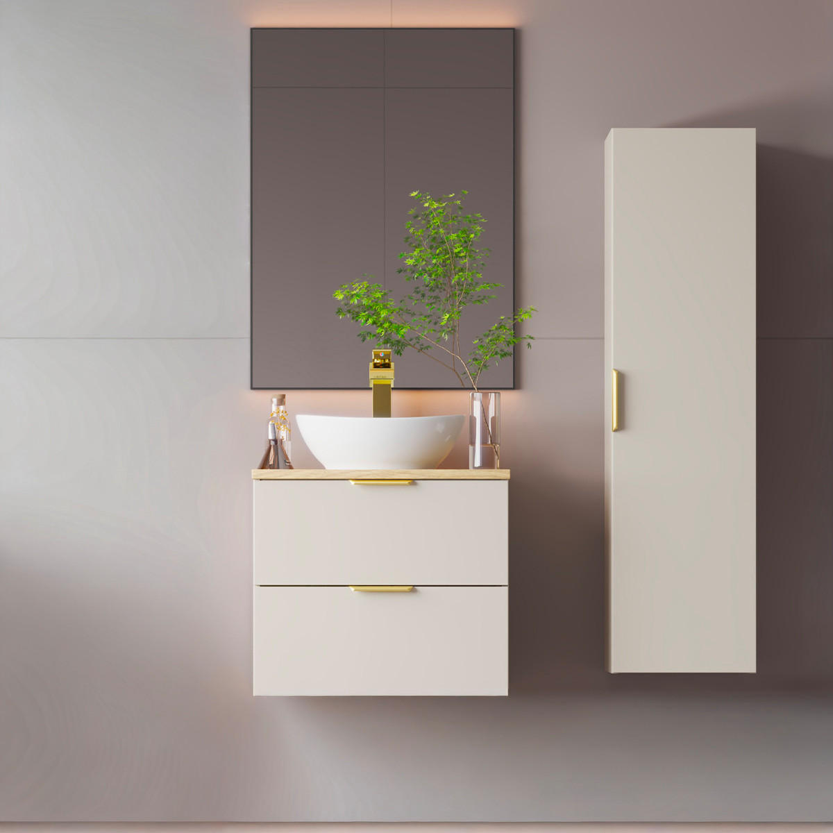 BADMÖBEL 60.6cm Astrid 2er-Set Kaschmir und Holz - Beige, Holzwerkstoff (60.6/52.2/46.5cm) - Petits-meubles