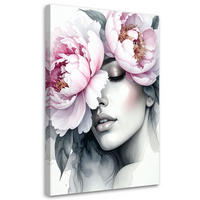 LEINWANDBILD Mädchen mit Pfingstrosenblüten auf dem Kopf 60x90cm - Grau, Textil (60/90cm) - Feeby