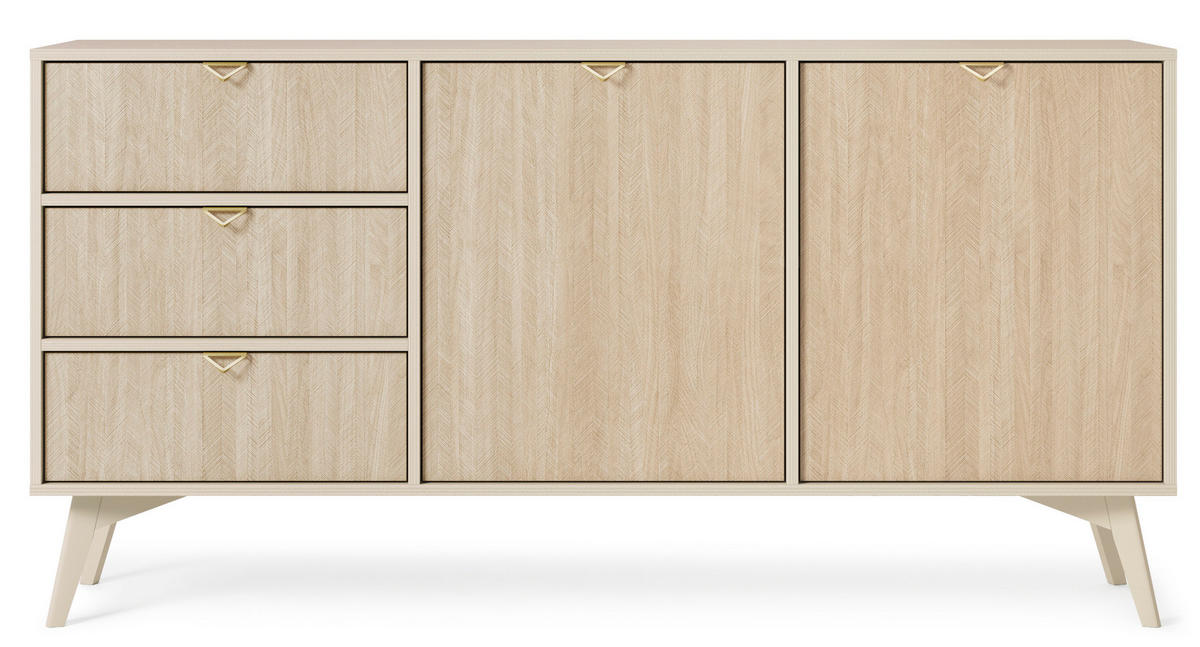 KOMMODE : Sandbeige/Skandi-Fischgrätmuster, Sandbeige Holzbeine, 158 x 80 x 38cm - Beige, Holzwerkstoff (158/80/38cm) - 3XE LIVING