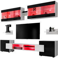 WOHNZIMMERSET Foggia, 6er-Set, Weiß, Front Hochglanz Schwarz, LED Mehrfarbige - Schwarz/Weiß, Glas/Holzwerkstoff (230/190/45cm) - Komodee