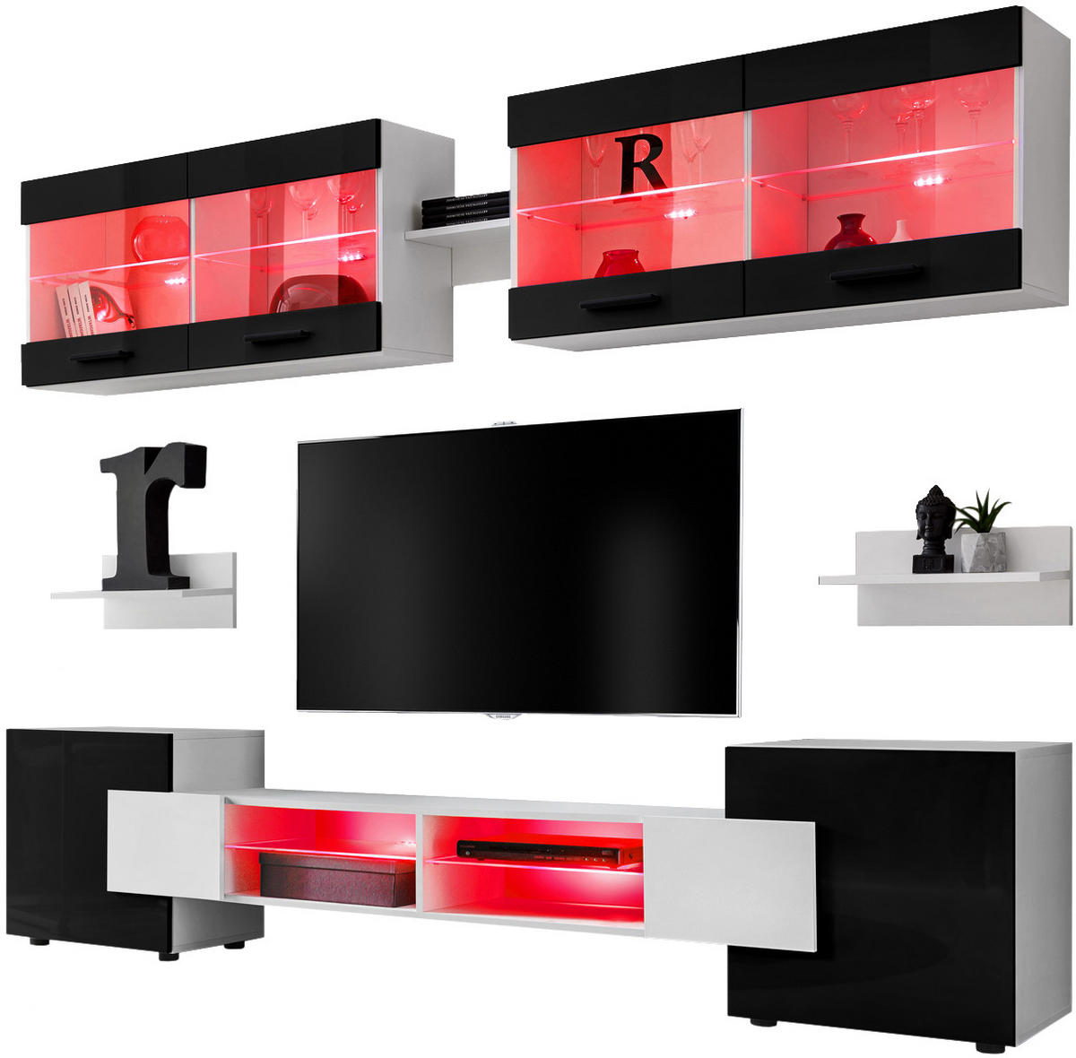 WOHNZIMMERSET Foggia, 6er-Set, Weiß, Front Hochglanz Schwarz, LED Mehrfarbige - Schwarz/Weiß, Glas/Holzwerkstoff (230/190/45cm) - Komodee