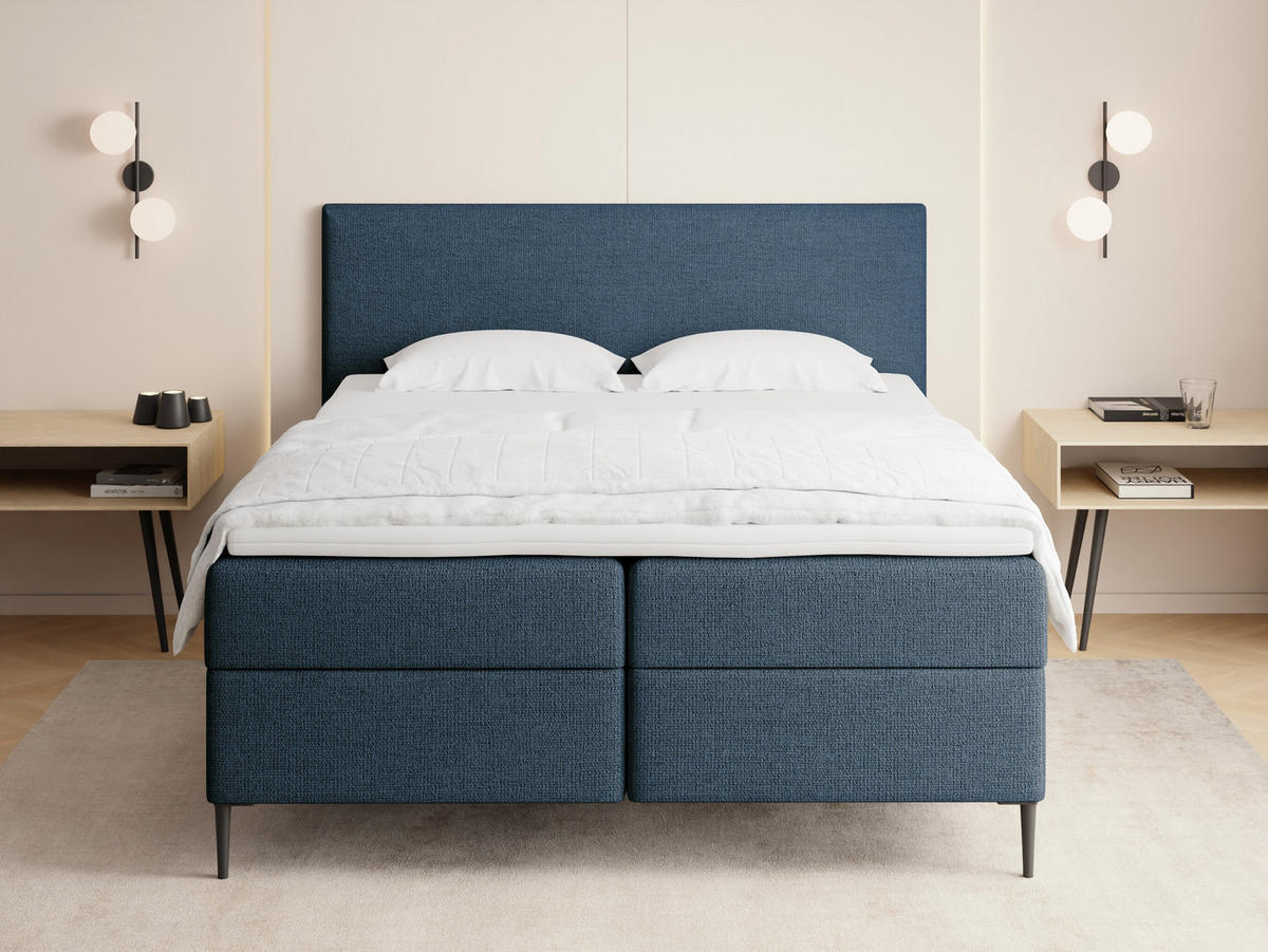 BOXBETT Alba Rise mit Bettkasten, Dunkelblau Chenille 140x200 cm – inkl. H4 Taschenfederkern Matratze & Foam Topper - Blau/Schwarz, Holz/Textil (140/200cm) - WFL GROUP