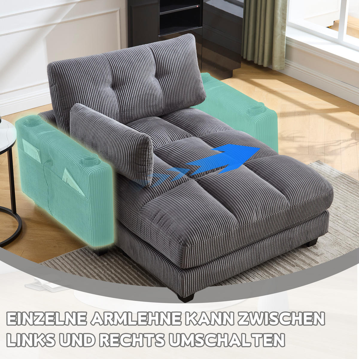 RÉCAMIERE 2-Sitzer Cord Grau mit USB, Getränkehaltern und Seitentasche - Grau, Holzwerkstoff/Kunststoff (140/81/121cm) - WISHDOR