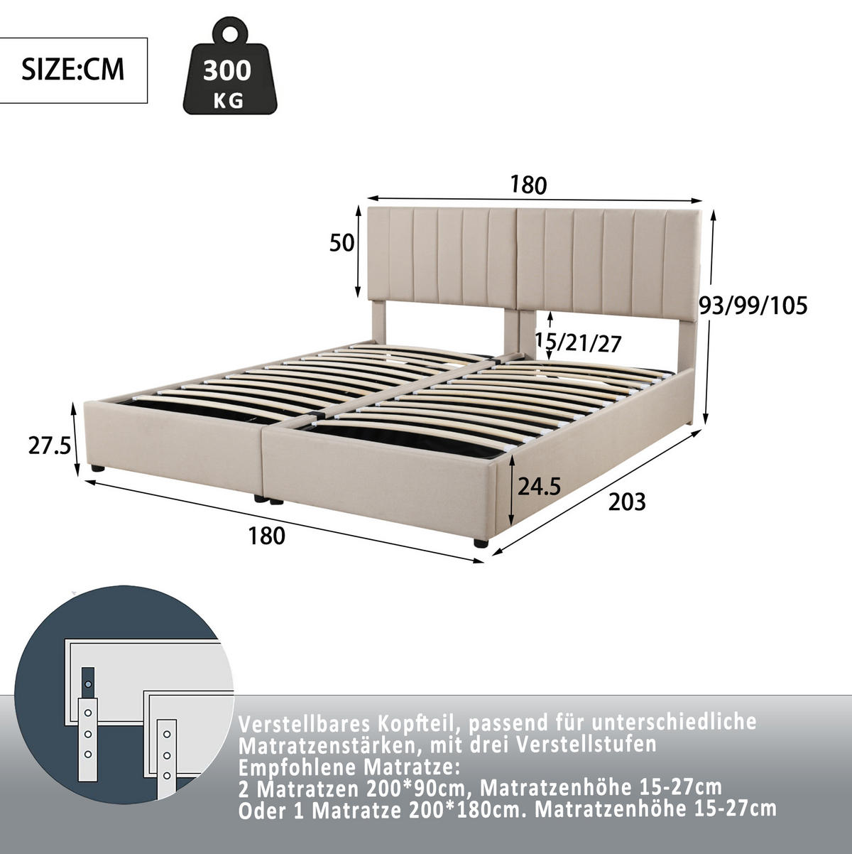 POLSTERBETT 180/200 cm aus Leinen mit Stauraum, Beige - Beige, Textil (180/200cm) - OKMYHOME