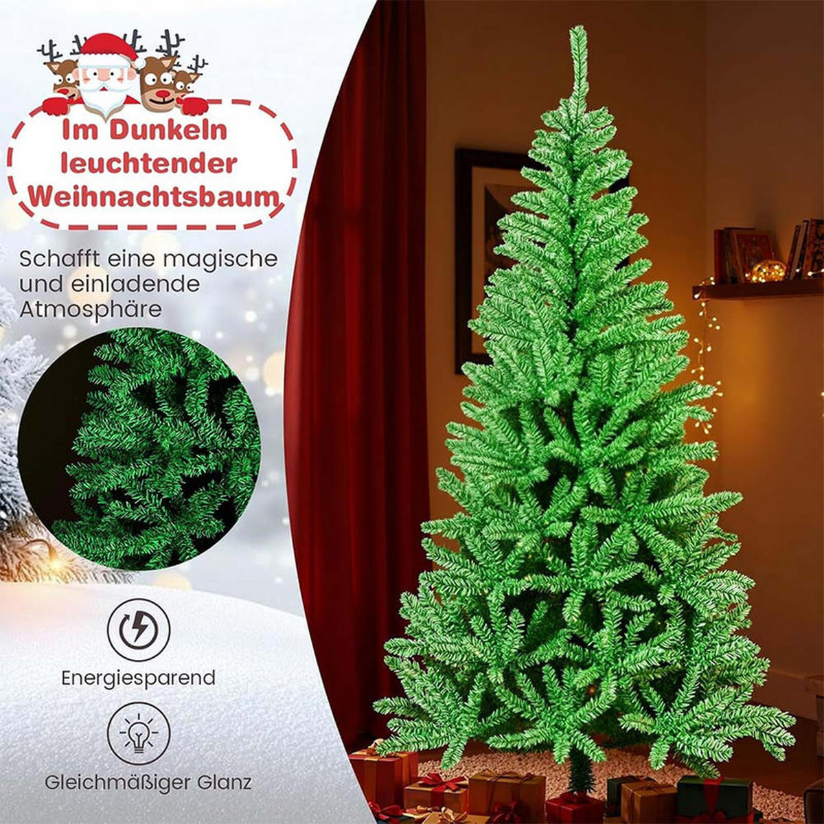 WEIHNACHTSBAUM im Dunkeln leuchtend 180cm Grün - Grün, Metall (180cm) - COSTWAY