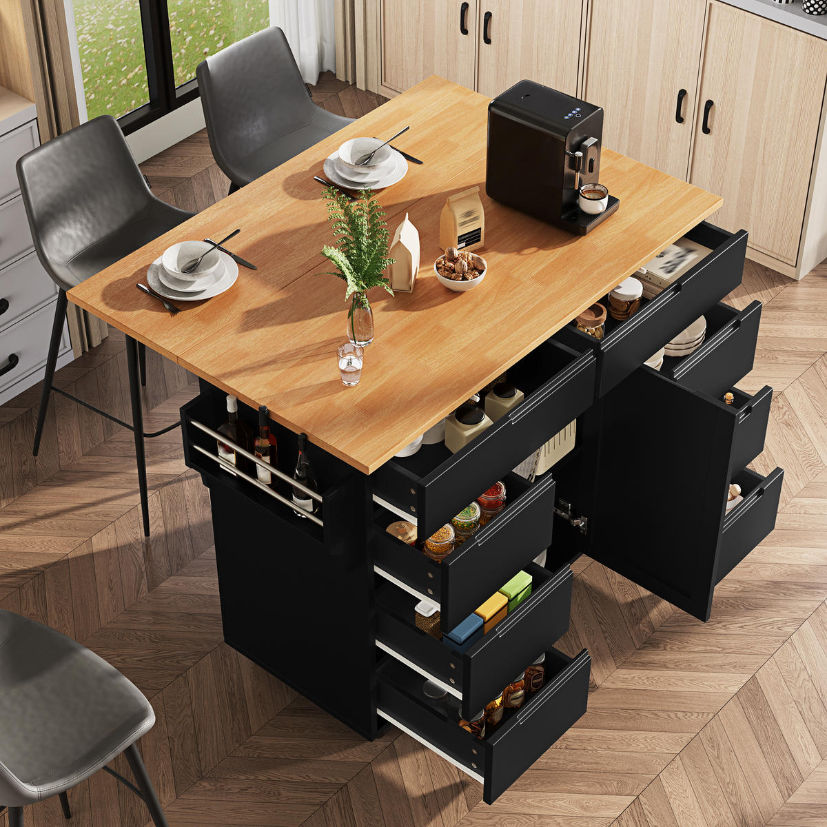 KÜCHENINSEL mit Rollen 122/46(74,5)/91,5 cm Schwarz mit 8 Schubladen und Klappbarer Tischplatte - Schwarz, Holz/Holzwerkstoff (122/91.5/74.5cm) - Oxeza
