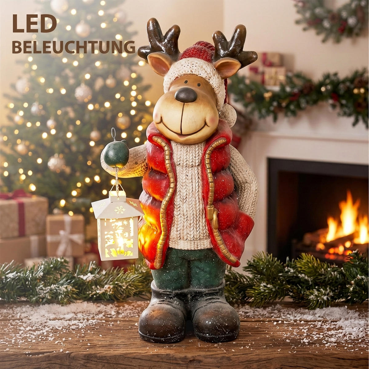 WEIHNACHTSDEKO Figur 52 cm Rentier mit Laterne Weihnachtsfigur mit LED-Licht - Rot, Metall (19.5/52/25.5cm) - HOMCOM
