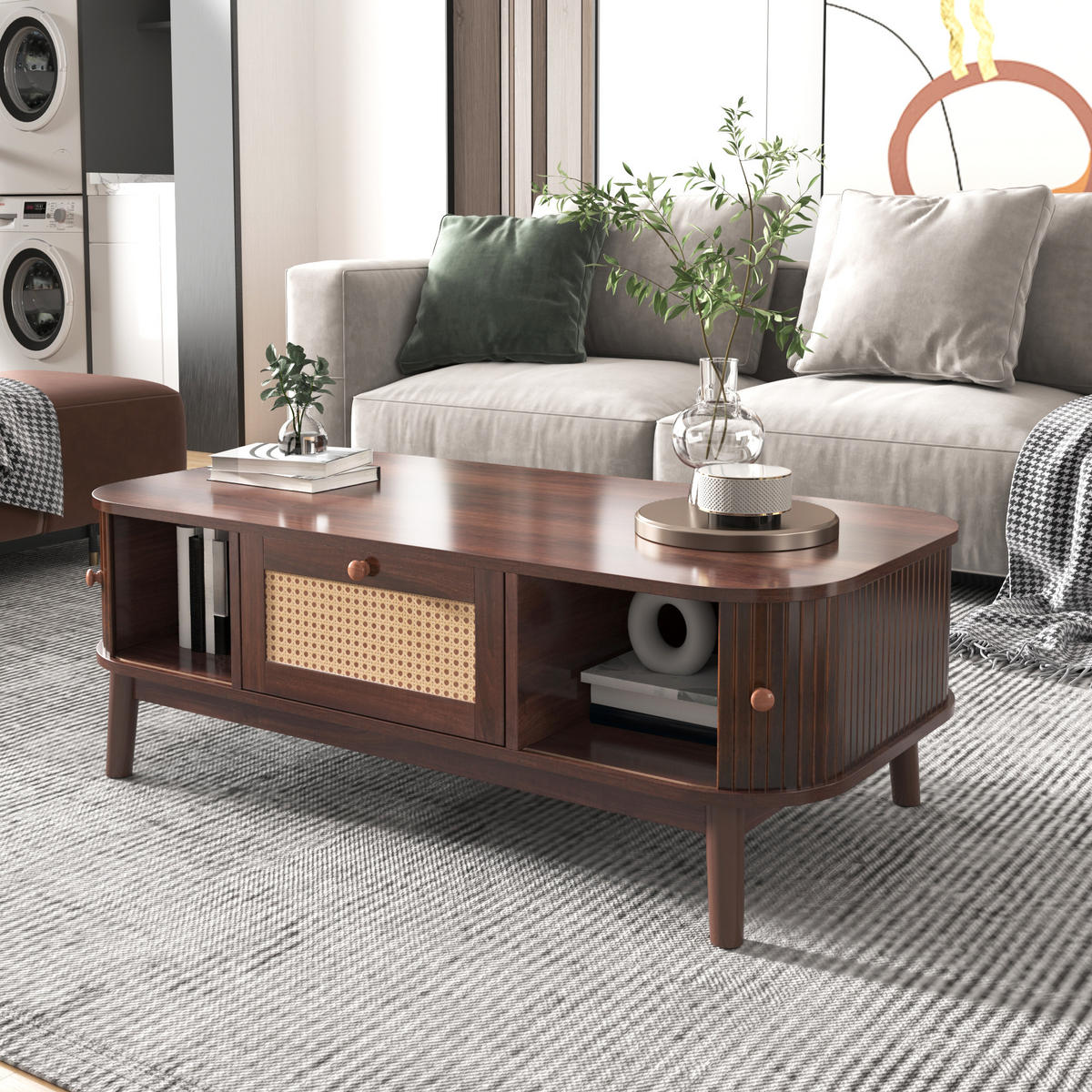 COUCHTISCH in Walnussfarben mit Schubladen und Schiebetüren für Wohnzimmer, B110/T55/H38,5 cm - Walnussfarben, Holzwerkstoff (55/110/38.5cm) - STILVORA
