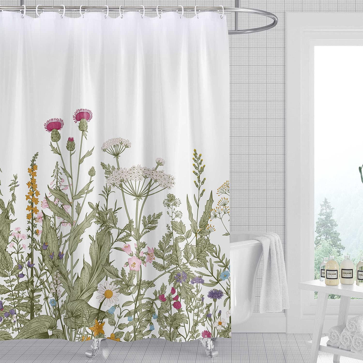 DUSCHVORHANG Blumen floral Aquarell Set Badezimmer mit Haken - Grün, Textil (180/120cm) - MCBOSON