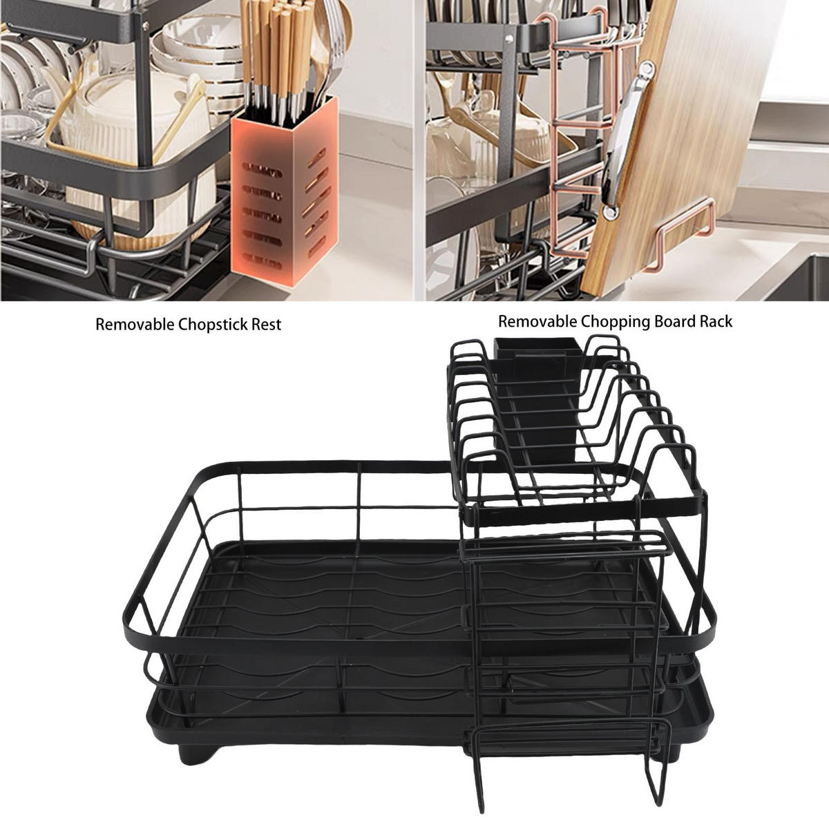 ABTROPFGESTELL 2 Etagen Edelstahl Schwarz – Großes Geschirrabtropfregal, rostfrei, multifunktionaler Küchen Organizer für Teller & Besteck - Schwarz, Metall (32/14/43cm) - Ej. Life