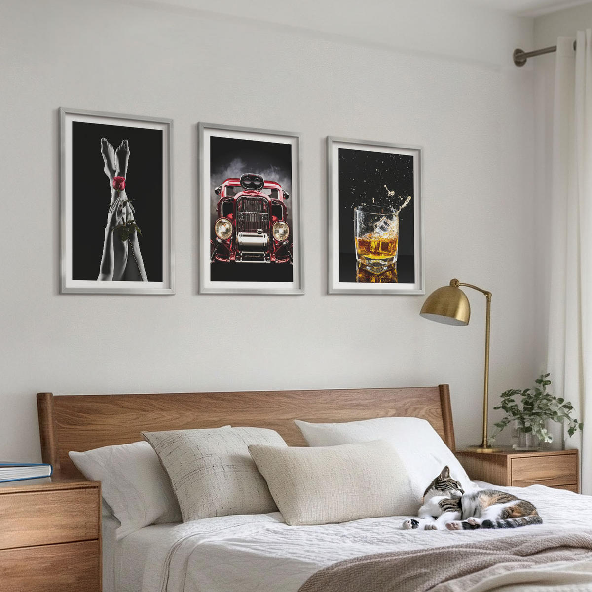 BILDER SET 3er Set - 40x60 cm Silberner Rahmen - Frauenbeine Rosenauto Whisky - Silberfarben, Kunststoff (40/60cm) - TULUP