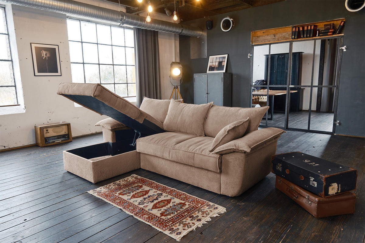 ECKSOFA DAMETO Braun Cord - Dunkelbraun/Schwarz, Kunststoff/Textil (266/174cm) - KAWOLA