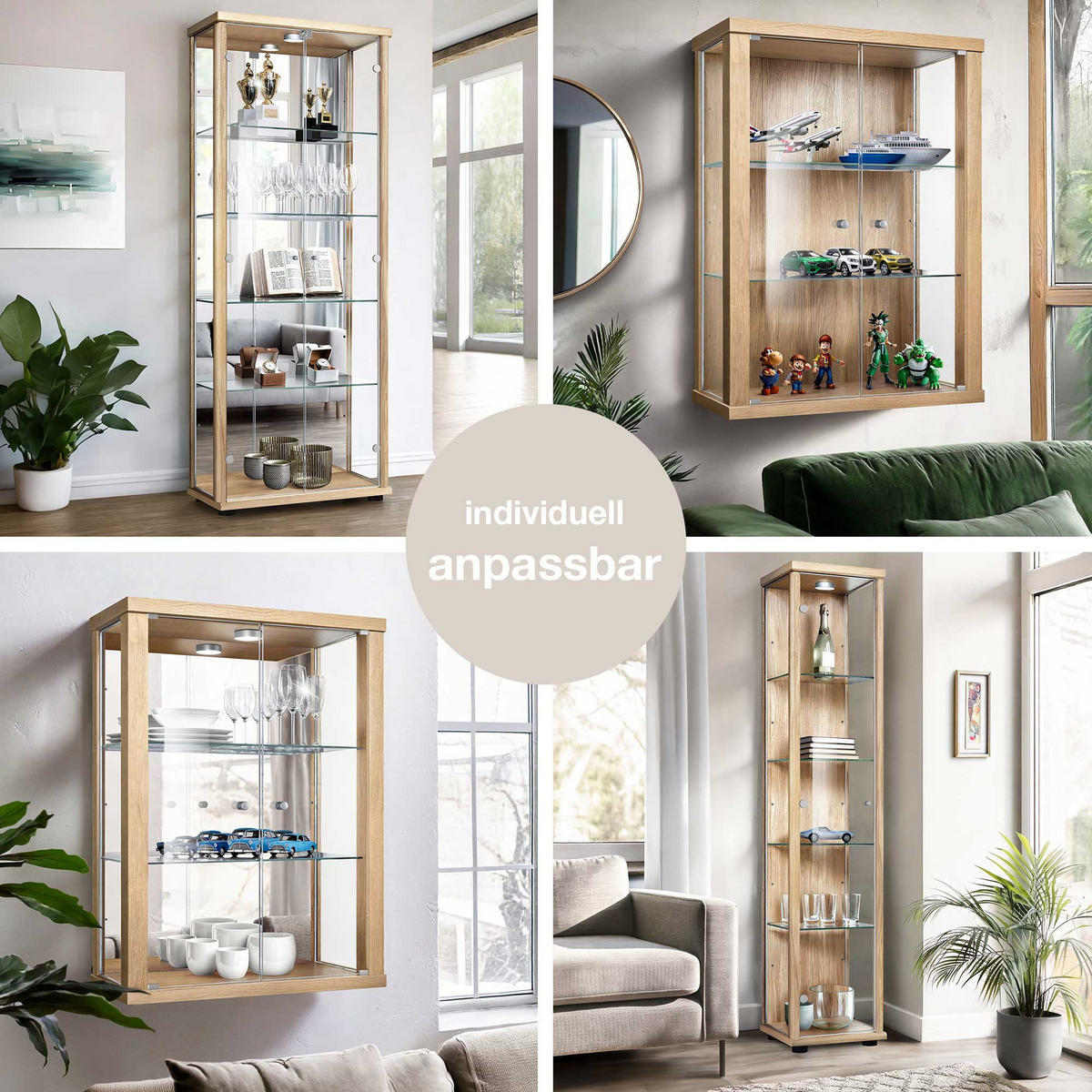 GLASVITRINE 33/37/176 cm mit Spiegel, LED, Schloss & 4 höhenverstellbaren Glasböden - Transparent/Silberfarben, Glas/Holzwerkstoff (37/176/33cm) - K-Möbel