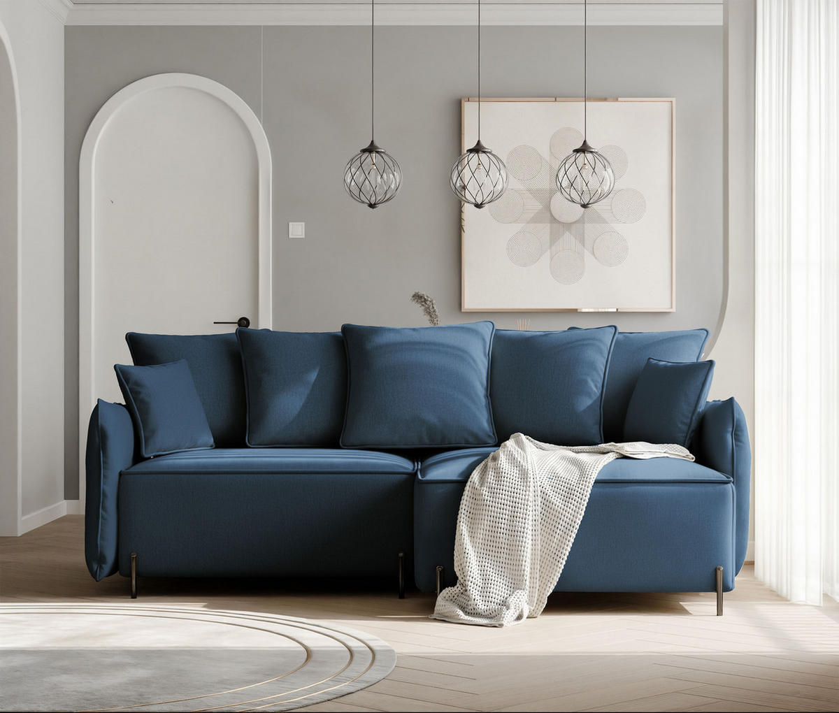 ECKSOFA MARCO Rechts, mit Schlaffunktion und Bettkasten, Marineblau - Dunkelblau, Textil/Metall (221/148cm) - Idohome