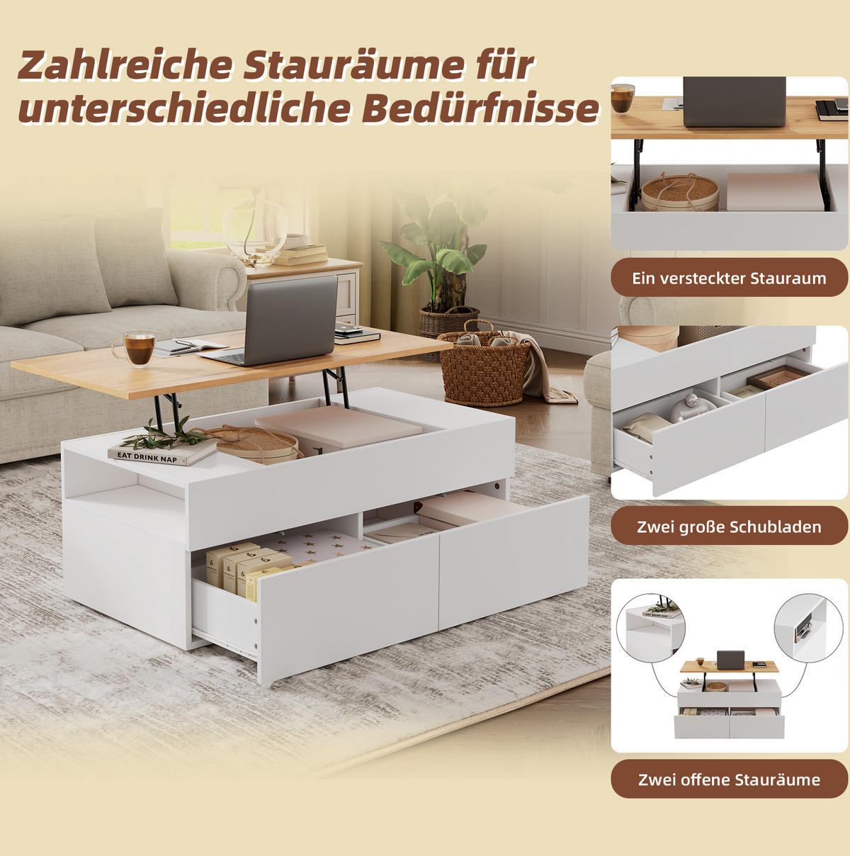COUCHTISCH 100/50/40 cm weiß aus Spanplatte mit Höhenverstellung und Stauraum - Weiß, Holzwerkstoff (100/50/40cm) - OKMYHOME