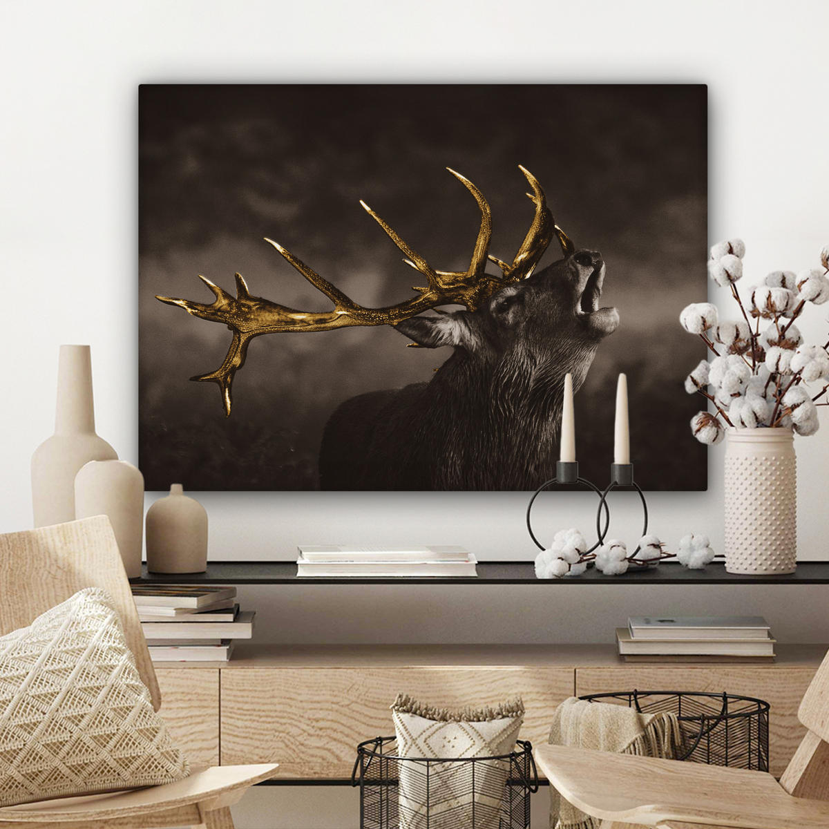 LEINWANDBILD Rotwild - Schwarz - Gold Wandbilder 80x60 cm - Braun, Textil (80/60cm) - MuchoWow