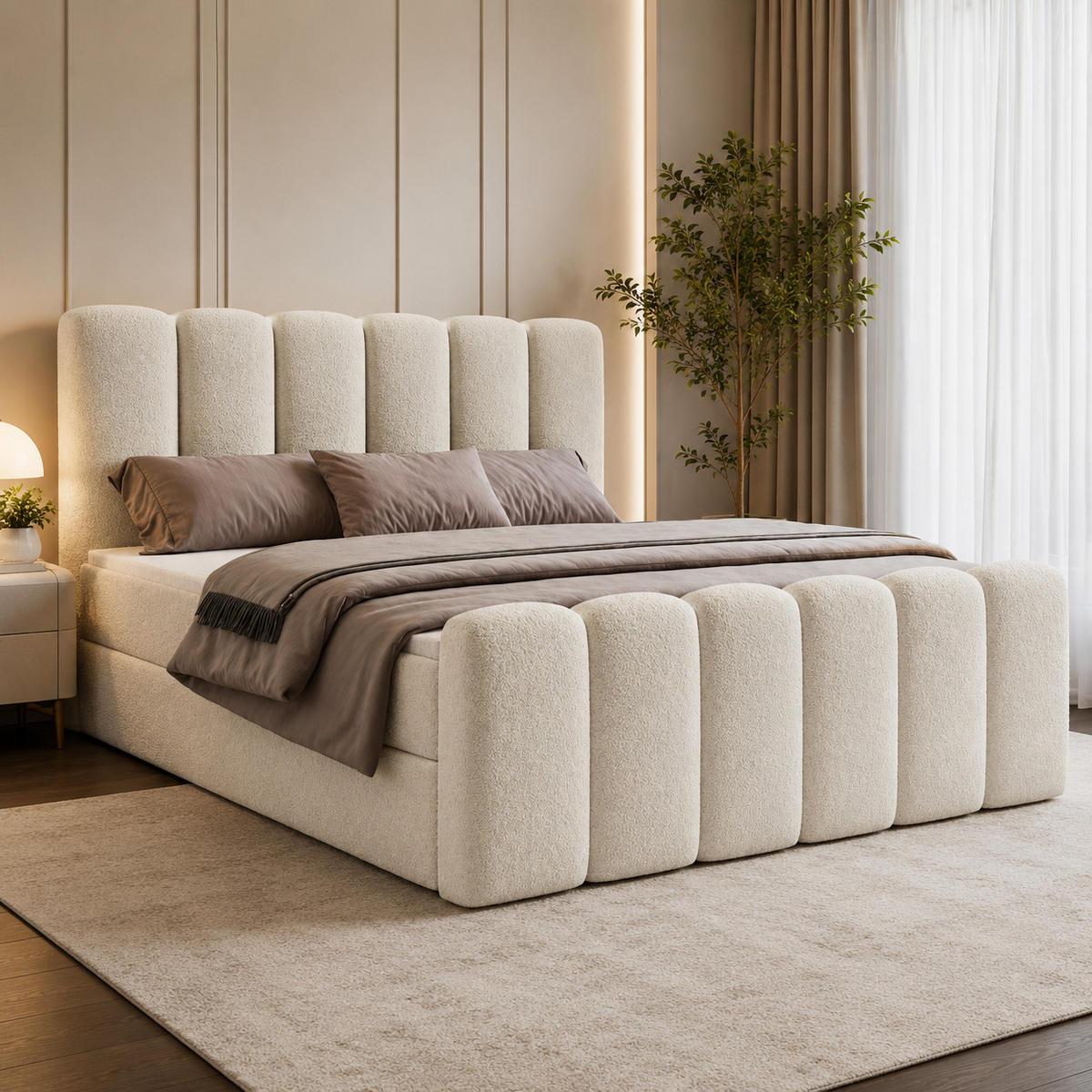 BOXBETT NOLA 200x200 mit Bettkasten, Matratze & Topper – Creme Bouclé - Creme, Textil (200/200cm) - Luxkor24