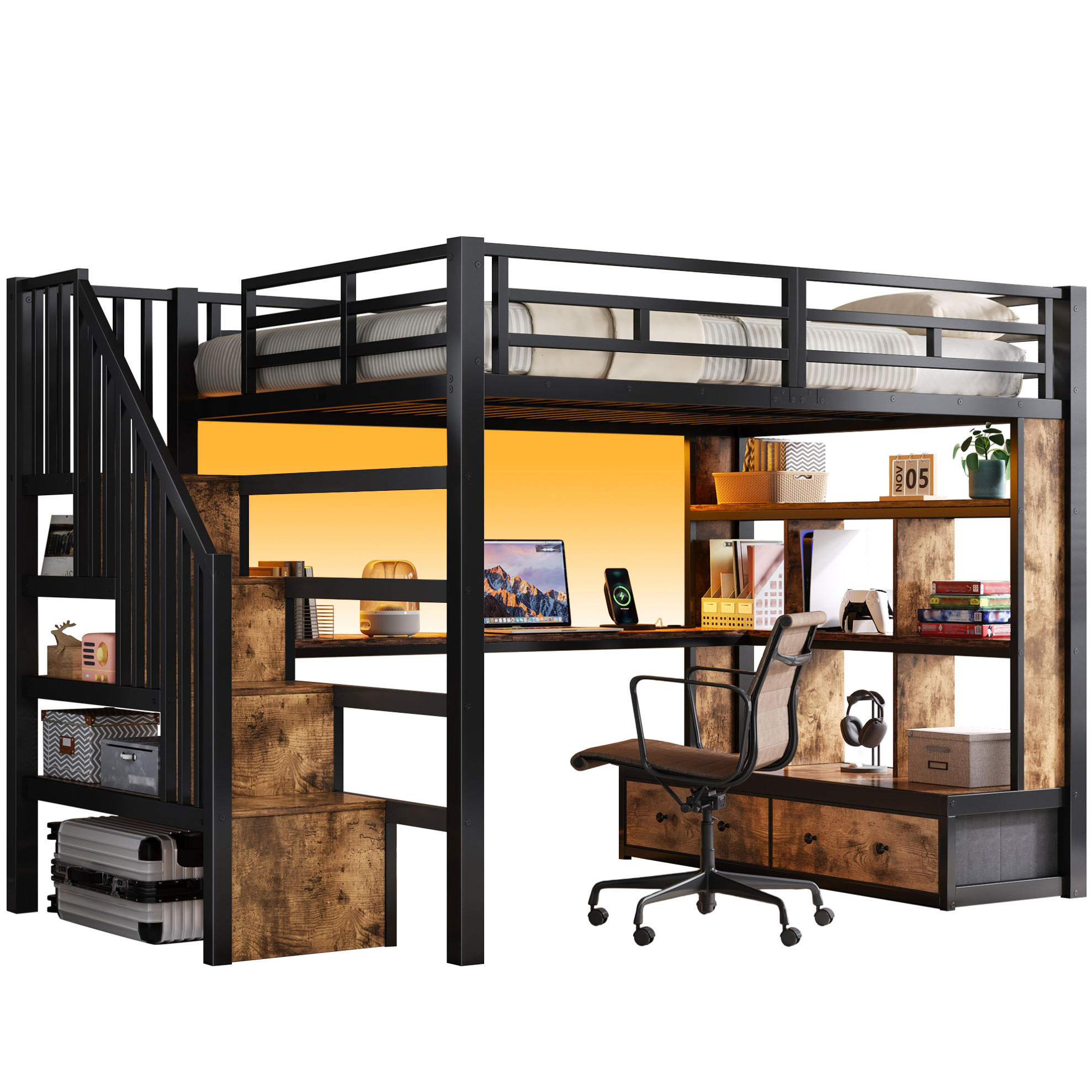 HOCHBETT aus MDF und Metall 140x200 cm Schwarz mit Schreibtisch, Regalen, Stauraumtreppe, LED und Schubladen - Schwarz, Holzwerkstoff (140/200cm) - Modfu