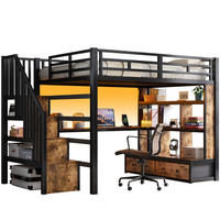 HOCHBETT aus MDF und Metall 140x200 cm Schwarz mit Schreibtisch, Regalen, Stauraumtreppe, LED und Schubladen - Schwarz, Holzwerkstoff (140/200cm) - Modfu