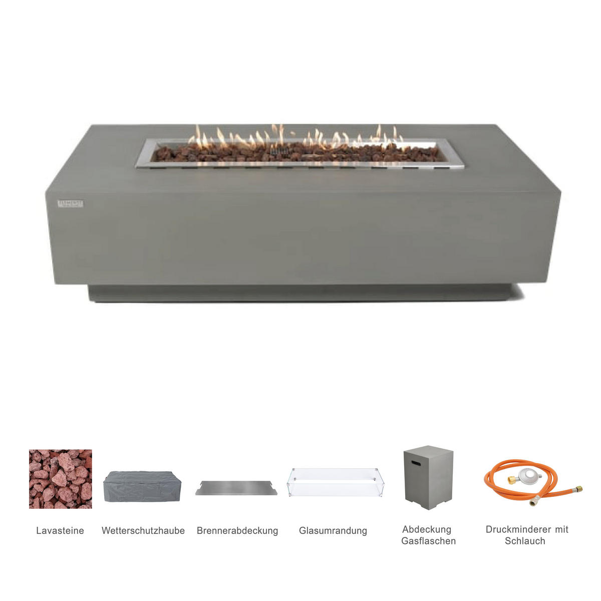 FEUERTISCH Granville Gasfeuerstelle aus GF-Beton - 4-tlg. Set inkl. Glasumrandung, Brennerabdeckung und Gasflaschen-Abdeckung - Hellgrau, Naturmaterialien (70/43/152cm) - Elementi