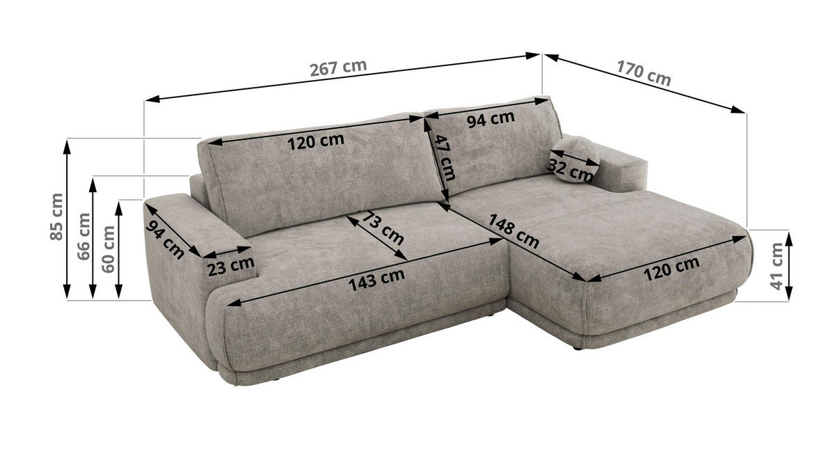 ECKSCHLAFSOFA RINA L Hellgrau Schenille grob gewebt - rechts - Hellgrau/Schwarz, Kunststoff/Textil (170/267cm) - MKS