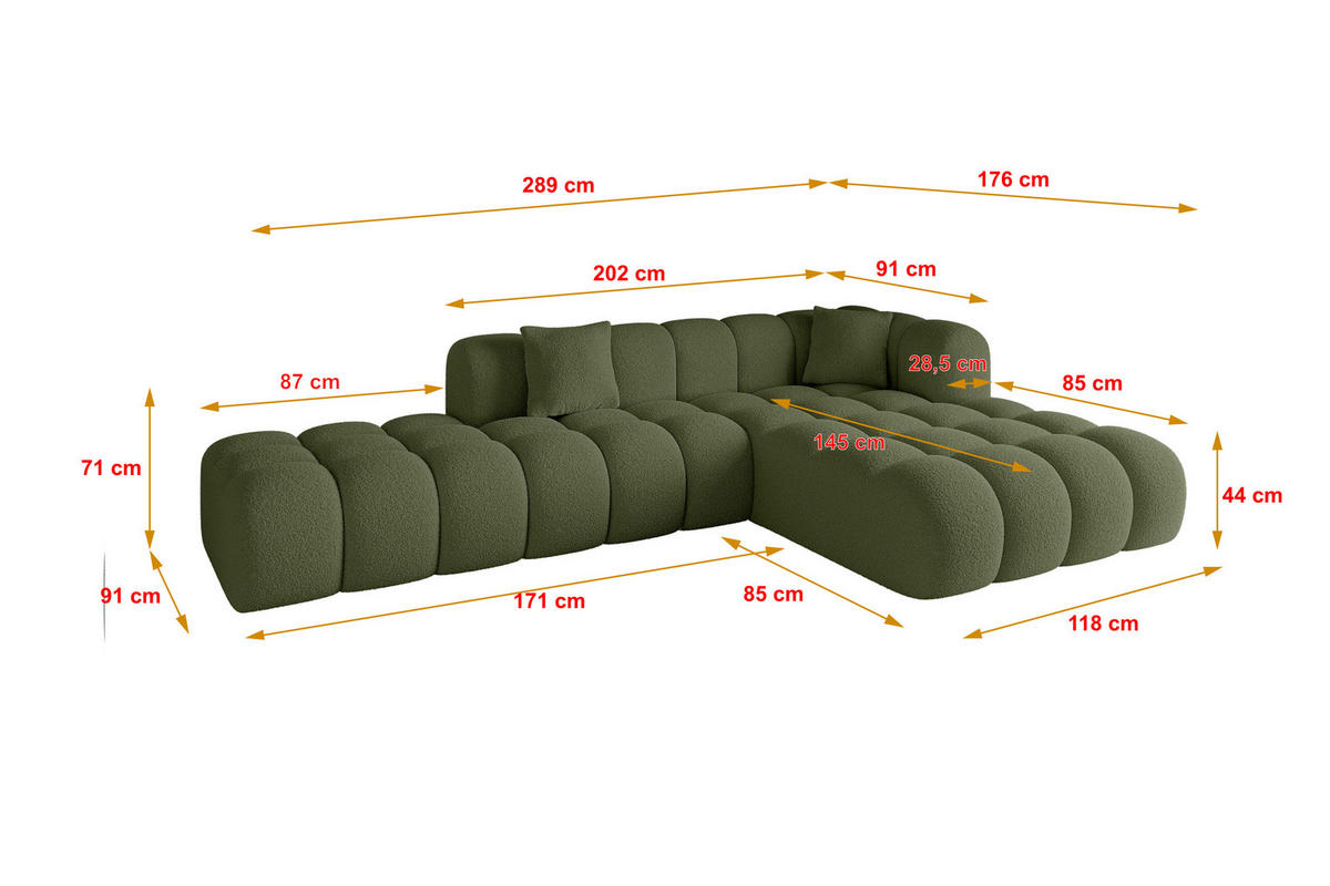 ECKSOFA Ottomane Rechts OLEA-L2 - 289x176x71 cm Grün - Platinfarben/Schwarz, Holzwerkstoff/Kunststoff (289/176cm) - ALTDECOR