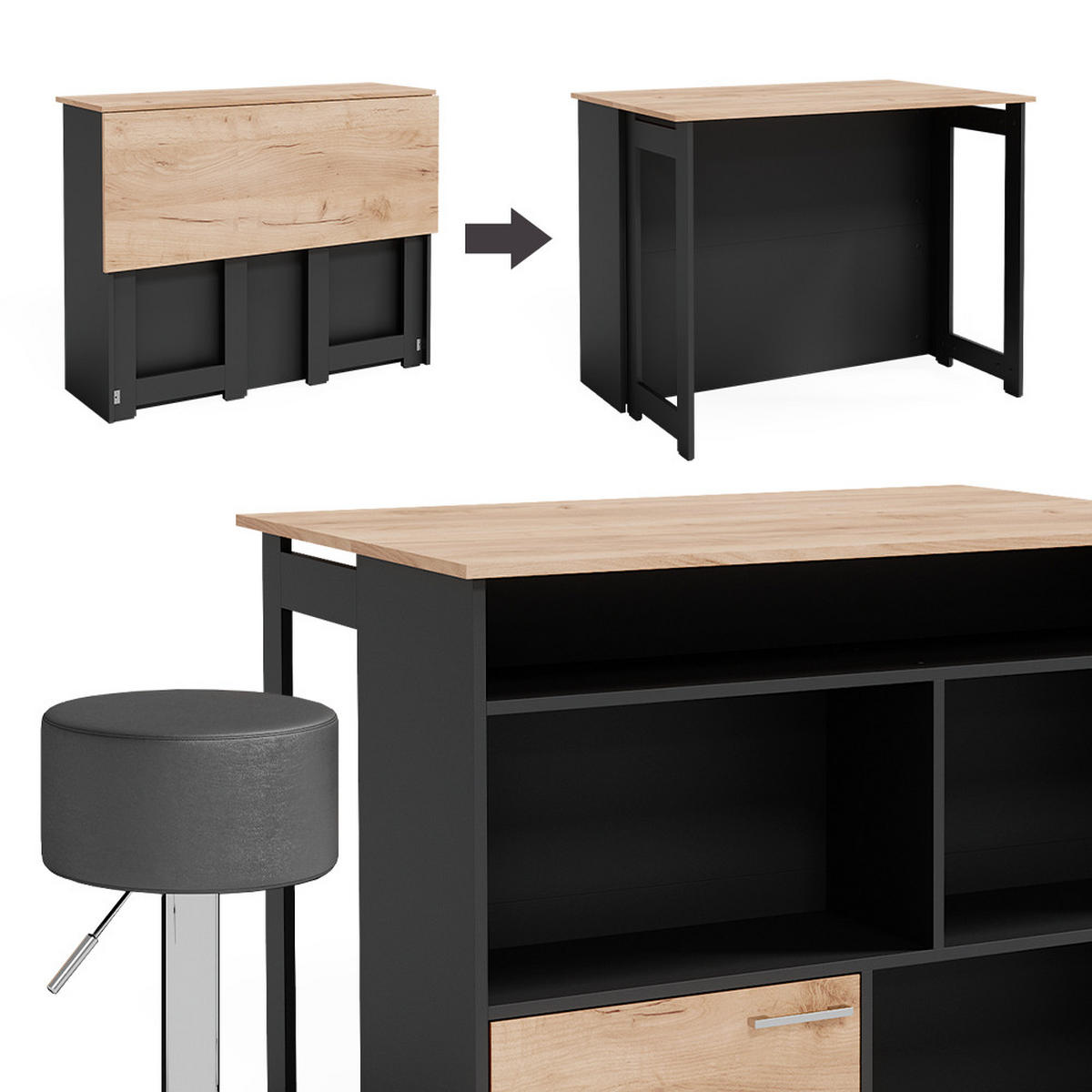BARTISCH-SET Dominic Goldkraft Eiche/Anthrazit 116 x 37 cm mit 2 Barhockern - Honigeiche/Anthrazit, Holzwerkstoff (116/90.5/37cm) - Vicco