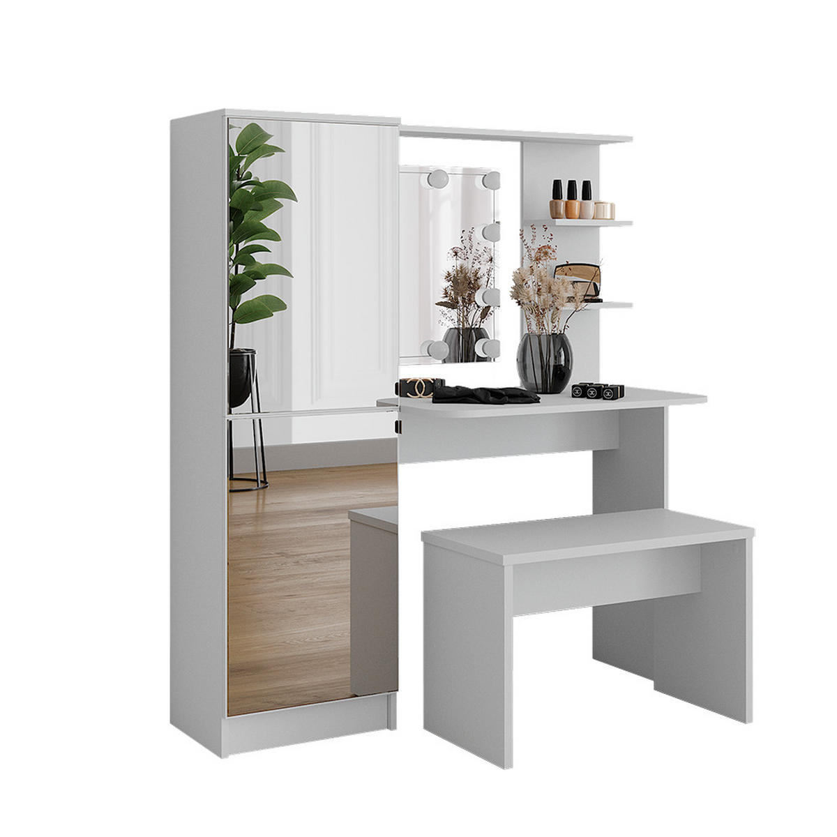 FRISIERKOMMODE Jasmin Weiß 123 cm mit LED-Beleuchtung und Bank - Weiß, Holzwerkstoff (123/141.2/33cm) - Vicco