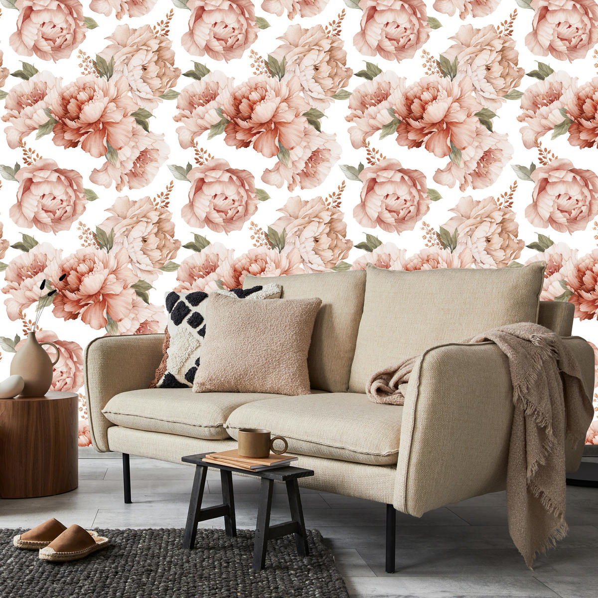VLIESTAPETE Pfingstrosen im Boho-Stil – Rosa, Beige, Weiß – 50x1000 cm - Beige/Rosa, Papier (50/1000cm) - Muralo