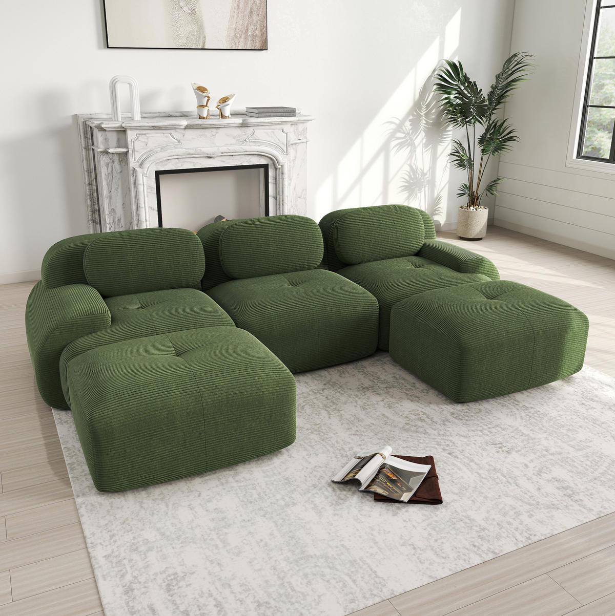 ECKSOFA 298/178/75 cm grün aus Cordstoff rahmenlos mit 32D-Hochdichteschaum und modularer Form - Grün, Textil (178/298cm) - OKWISH