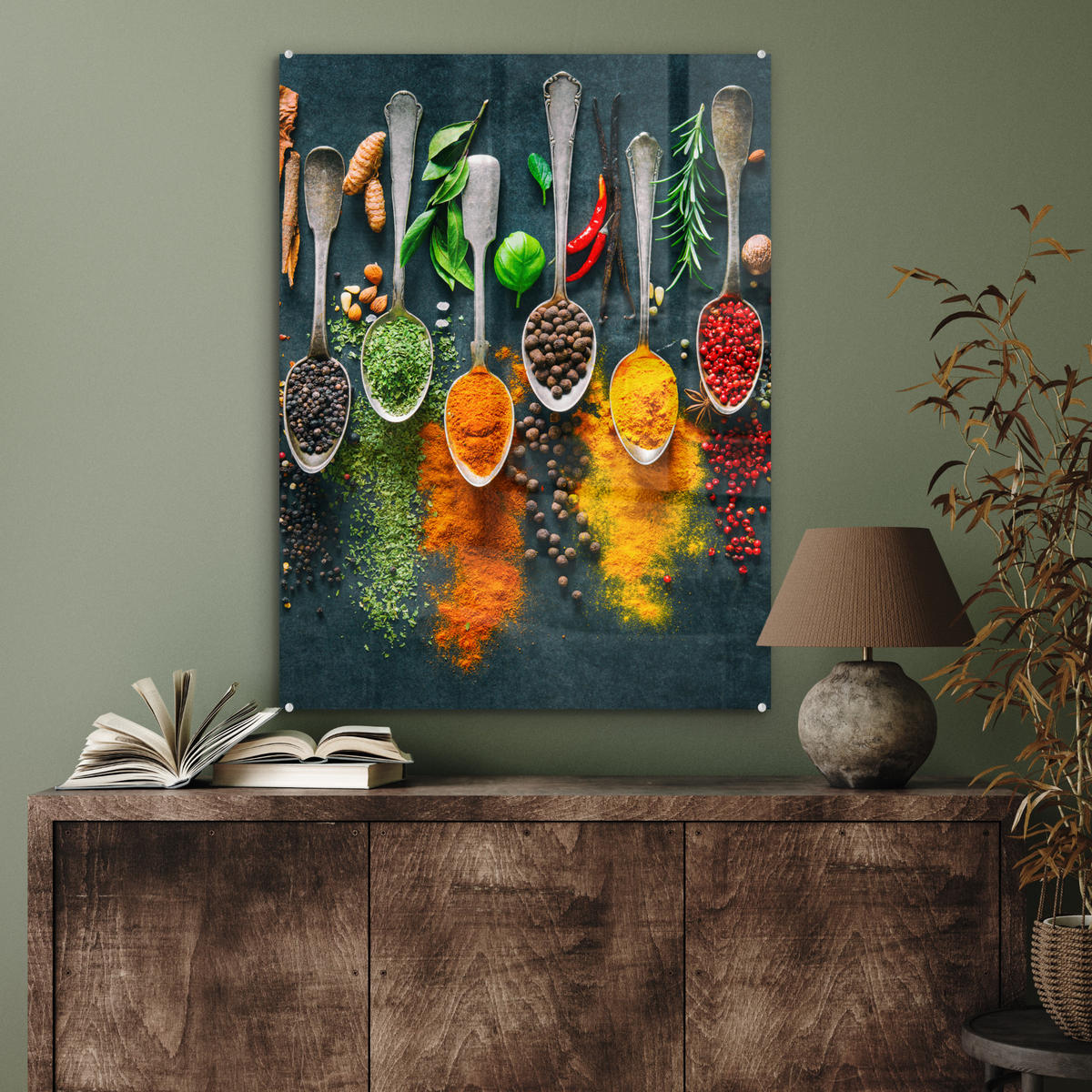 OBRAZ NA AKRYLOVOM SKLE Bylinky - korenie - lyžičky 60x80 cm - kari žltá, sklo (60/80cm) - MuchoWow