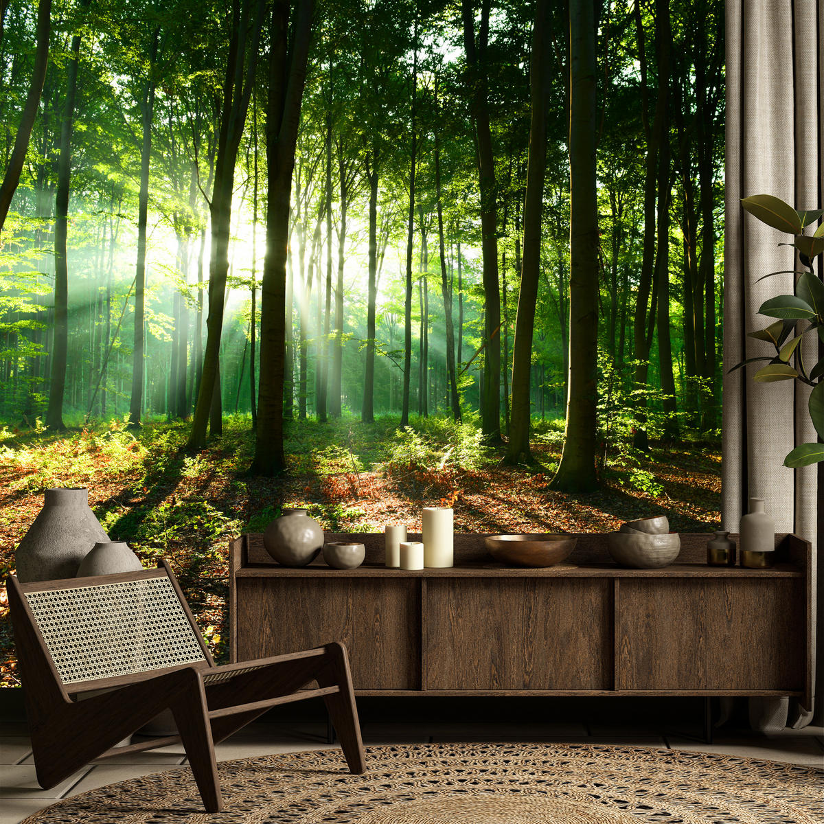 FOTOTAPETE für Wohnzimmer Sonnenstrahlen Wald Bäume Blätter 250x175 - Beige/Braun, Papier (250/175cm) - Muralo