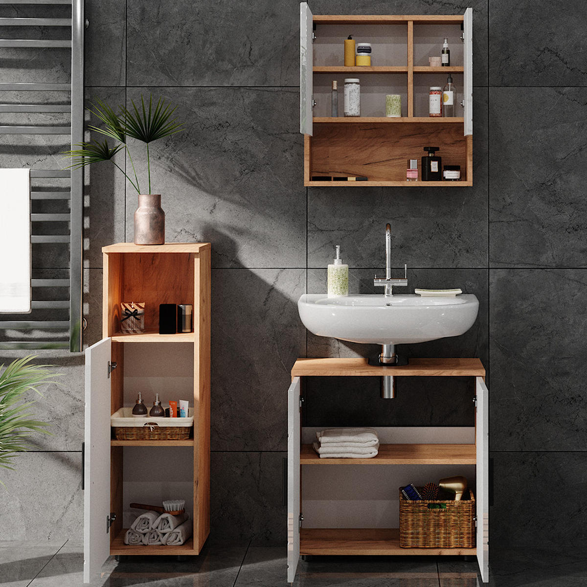 BADMÖBEL-SET Irma Weiß Hochglanz/Goldkraft Eiche 3 Teile - Weiß Hochglanz/Eiche Wotan, Holzwerkstoff (80/58.6/41cm) - Vicco