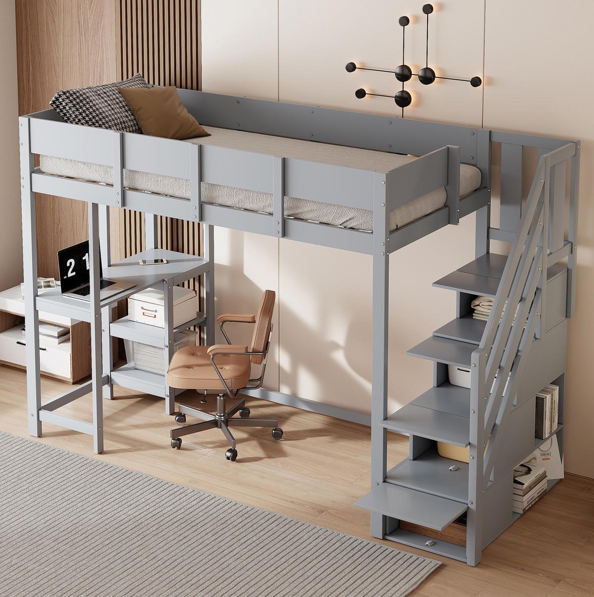 HOCHBETT 90/200 cm in Grau aus Kiefernholz – mit Stauraumtreppe und Rausfallschutz - Grau, Holz (90/200cm) - BEAOK