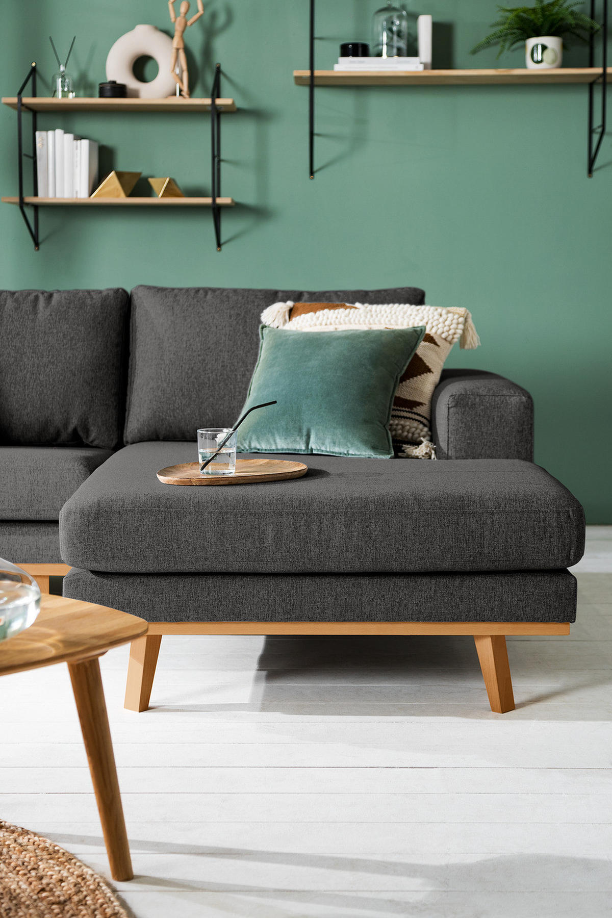 WOHNLANDSCHAFT mit Longchair - Dunkelgrau/Buchefarben, Textil (371/81/219cm) - home24