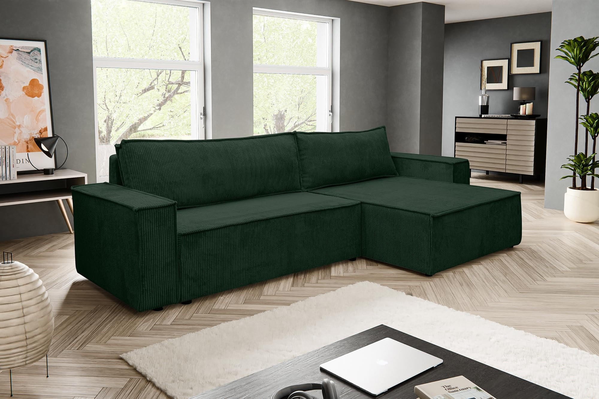ECKSOFA HUGO XL Schlaffunktion und Bettkasten Cord-Stoff (Grün) - Grün, Textil (274/142cm) - VENASI MÖBEL
