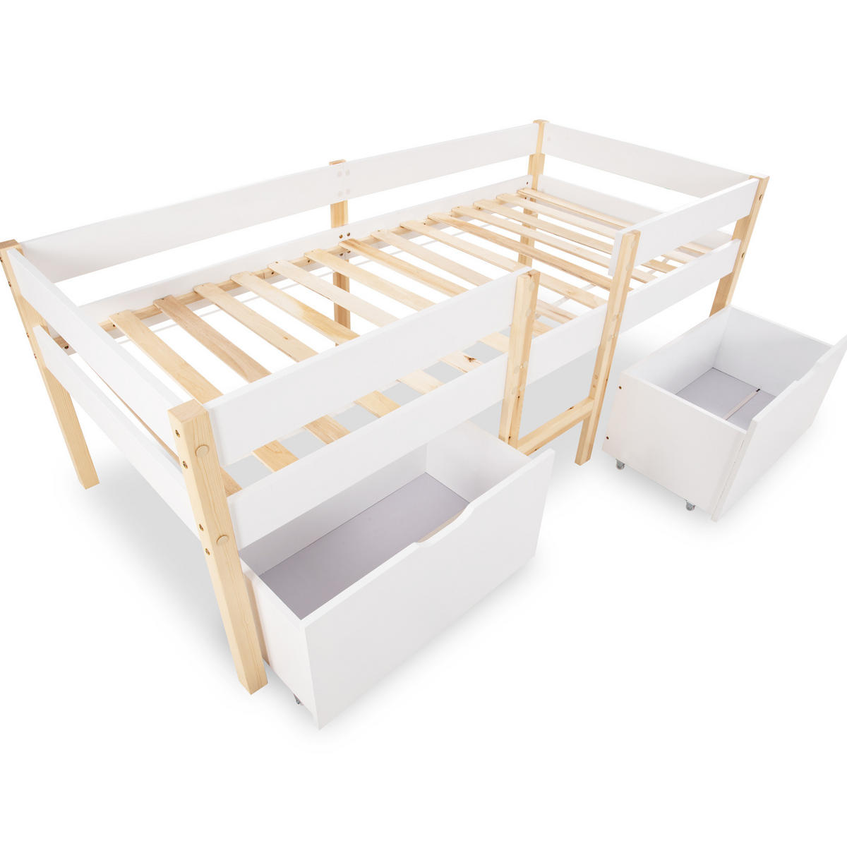 KINDERBETT 90/190 cm aus massiver Kiefer mit Rausfallschutz und 2 Schubladen - Weiß, Holz (90/190cm) - BEAOK