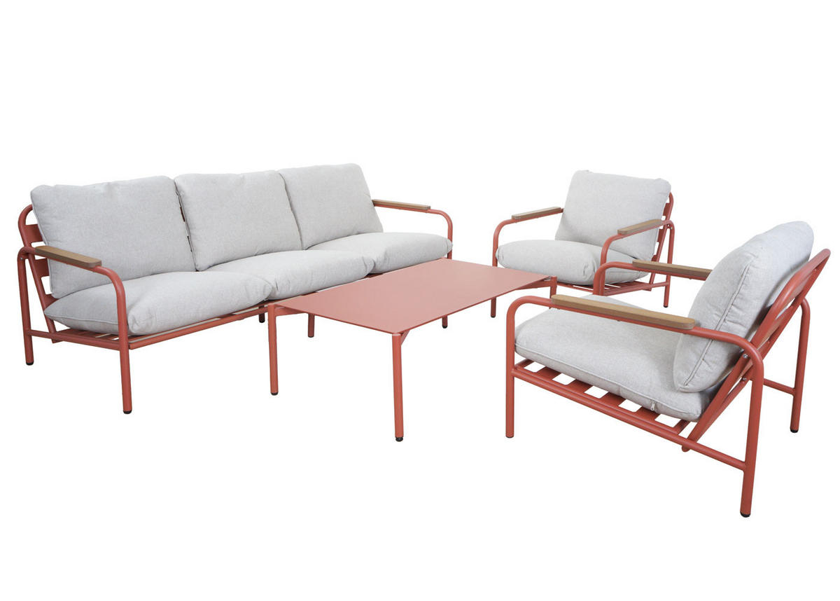 GARTENGARNITUR Rot, Beige 1x 3-Sitzer Gartenbank, 2x Sessel und 1x Tisch-Set - Beige/Rot, Metall - MCW